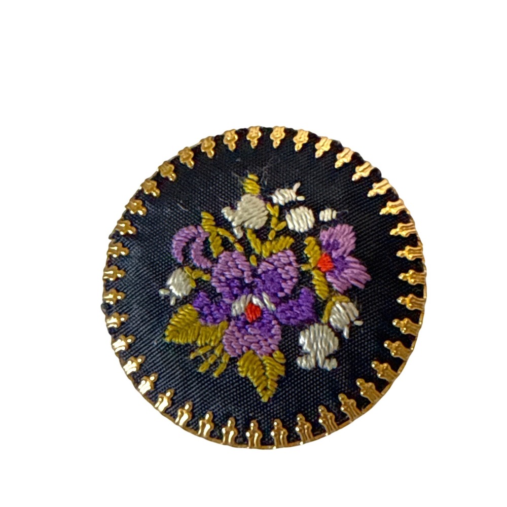 Vintage Petit Point Floral Brooch Purple Violets Gold Tone Round Pin 1.25 Inch